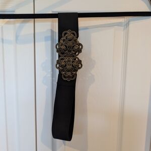 Black Stretch Waist Belt with Ornate Antique Gold Buckle - Women Accessories